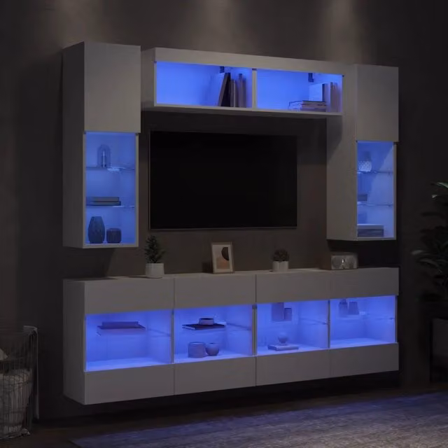 Set di mobili TV da parete vidaXL in legno bianco con luci LED integrata, 6 pezzi – 1