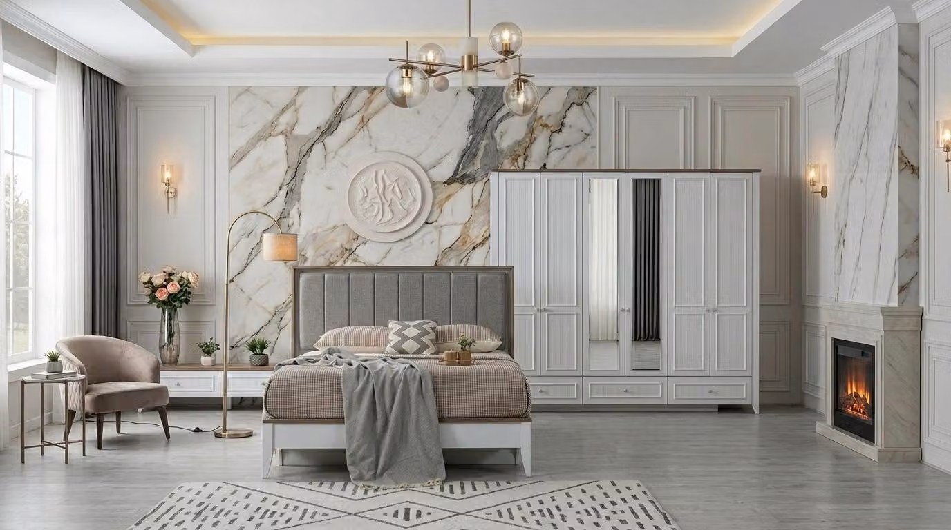 Set per camera da letto: armadio, letto, testiera. Design moderno, colore bianco, materiali morbidi e confortevoli