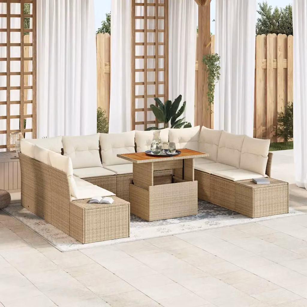 Set da pranzo da giardino moderno vidaXL in legno di acacia e rattan con cuscini beige e bianco – 1