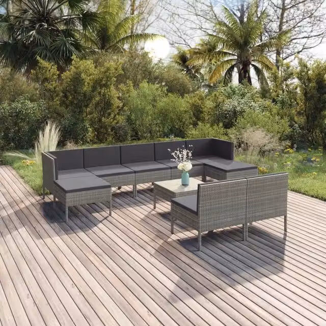 Set Divani da Giardino 10 pz con Cuscini in Polyrattan Grigio 3094554