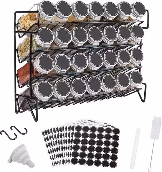 Organizzatore di Erbe con 28 Scatole in Vetro e 432 Etichette - Acciaio Inox Antiruggine Nero per Cucina e Bicchieri