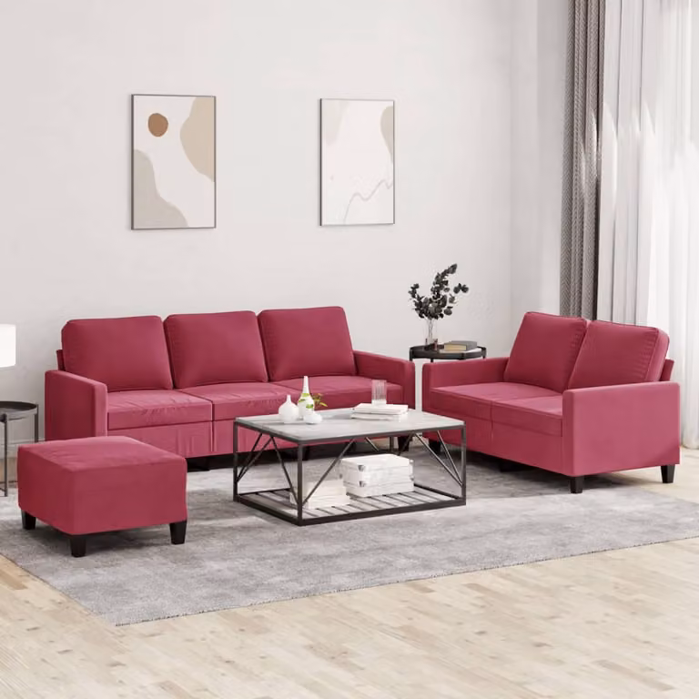 Maison Exclusive - Set divano a 3 pezzi con cuscini in velluto bordeaux