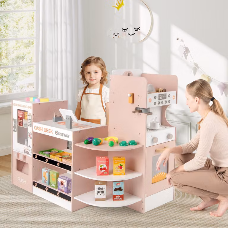 Costway Negozio di alimentari giocattolo in legno con macchina distributrice e scaffali espositivi, Rosa