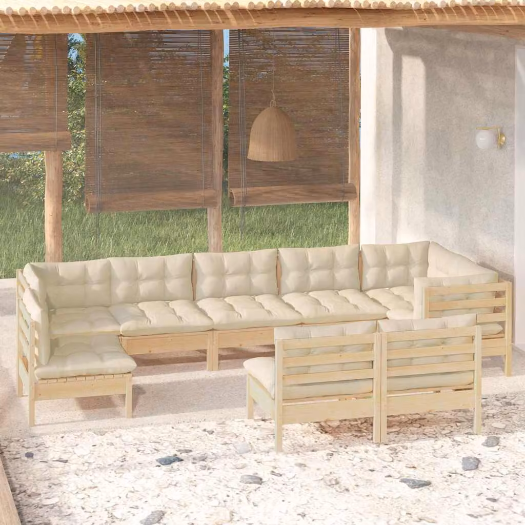 Set di divani da giardino vidaXL a forma di L composto da 9 pezzi in legno massello di pino con cuscini beige