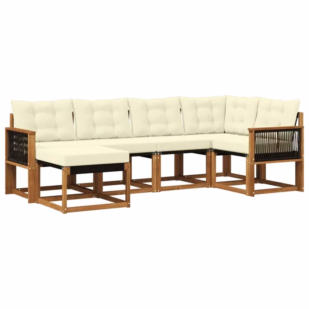 Set di divani da esterno vidaXL a forma di L composto da 6 pezzi con struttura in legno di acacia e cuscini beige e bianchi – 2