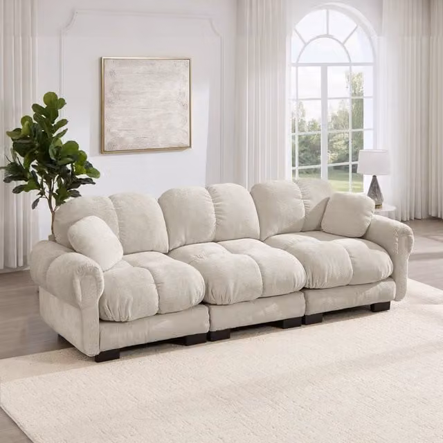 Divano 260x86x90 cm con cuscini trapuntati in ciniglia khaki chiaro