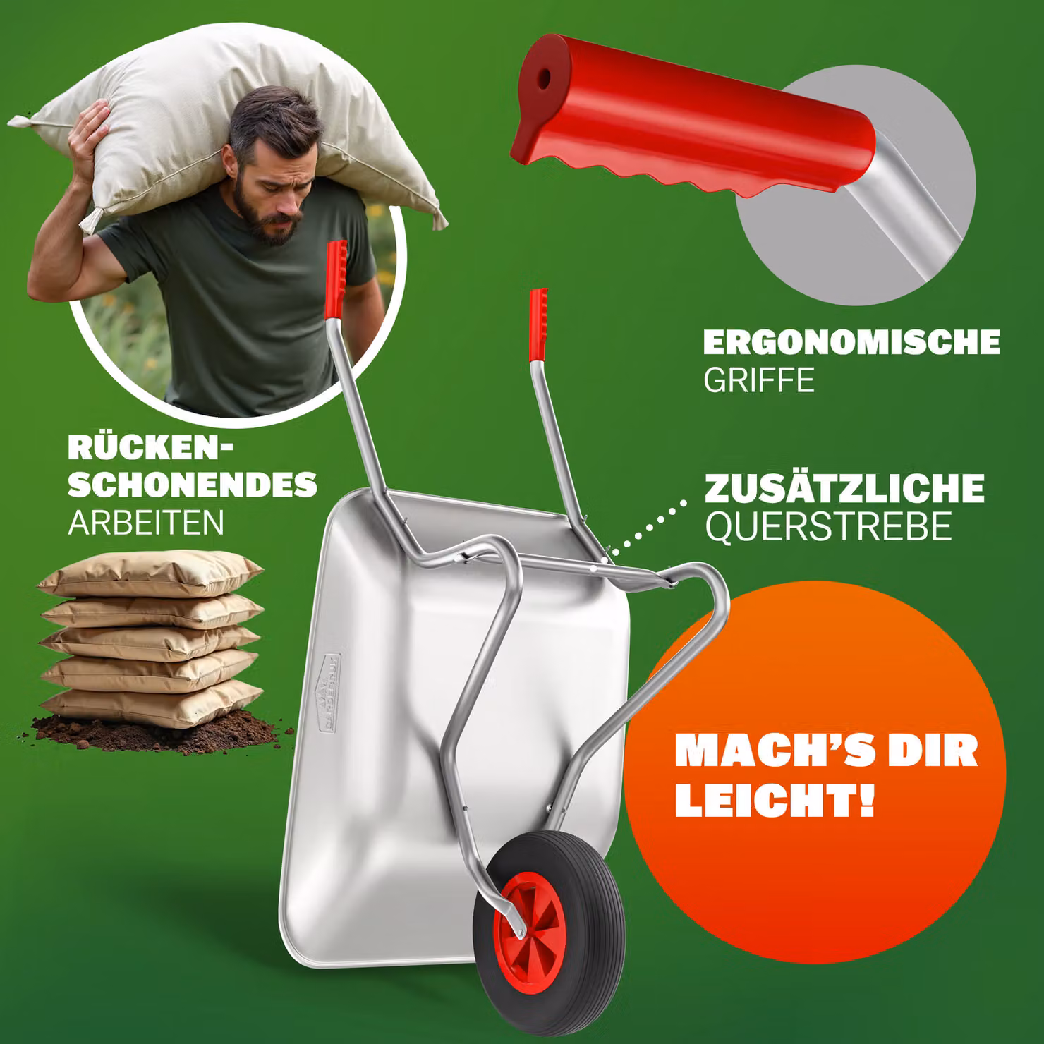 Carriola da giardino Gardebruk in acciaio zincato da 80L con portata 100kg, disponibile in argento o rosso – 2