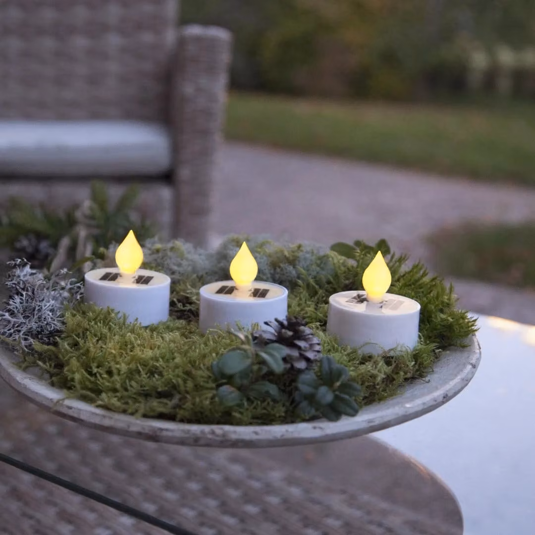 Star Trading Candeline LED solari, 3 pezzi, plastica bianca, 5,5x5,5 cm, sensore di luce