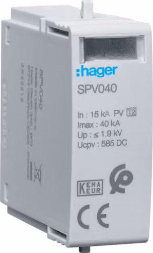 Modulo scaricatore di sovratensione SPD T2 MOV 1P per impianti fotovoltaici, In=15 kA, Imax=40 kA, Up≤1,9 kV, Uc=585 V CC, SPV040 Hager