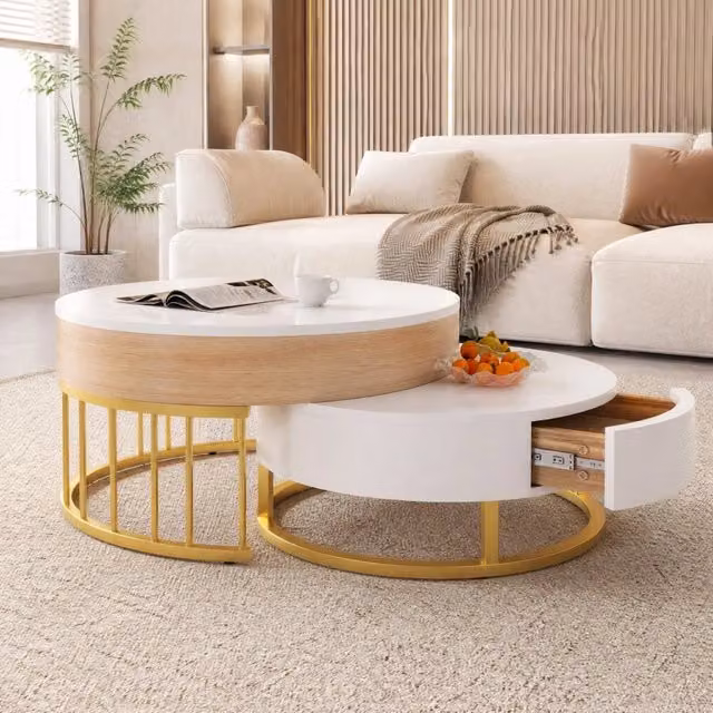 Set di tavolini rotondi 70x56 cm e 60x27 cm bianco MDF, piano sollevabile e cassetto
