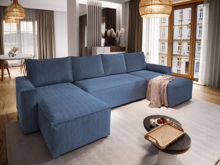 Divano angolare Masseno ASPRA con funzione letto a U, divano con box letto, divano da salotto, divano, divano, divano letto, set di divani - blu, POSO 05