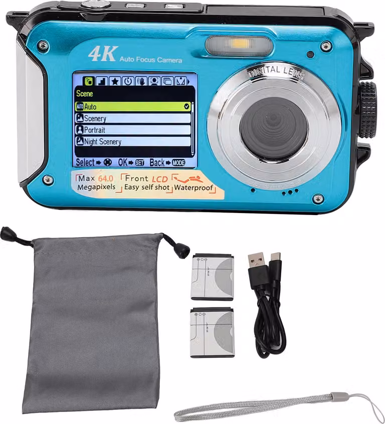 videocamera 4K 64MP Doppio schermo 10ft impermeabile 16x Zoom digitale Auto Focus 64G Scheda di memoria HD Intimo
