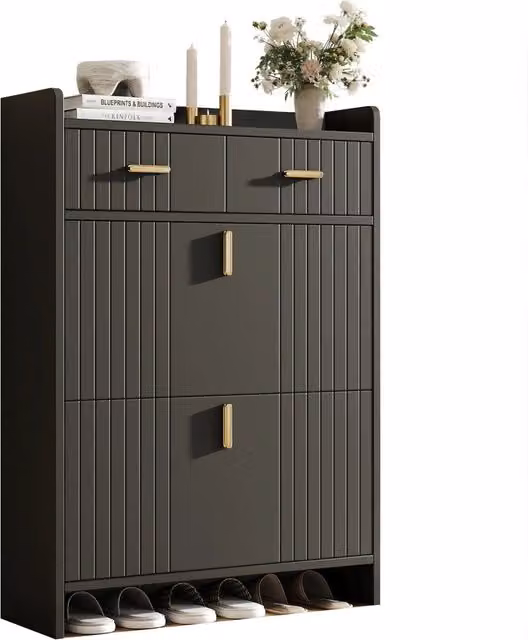 Scarpiera moderna da ingresso con 2 ribalte, 1 cassetto e vano aperto, nera opaca, L/P/H: 75 x 24 x 108.5 cm
