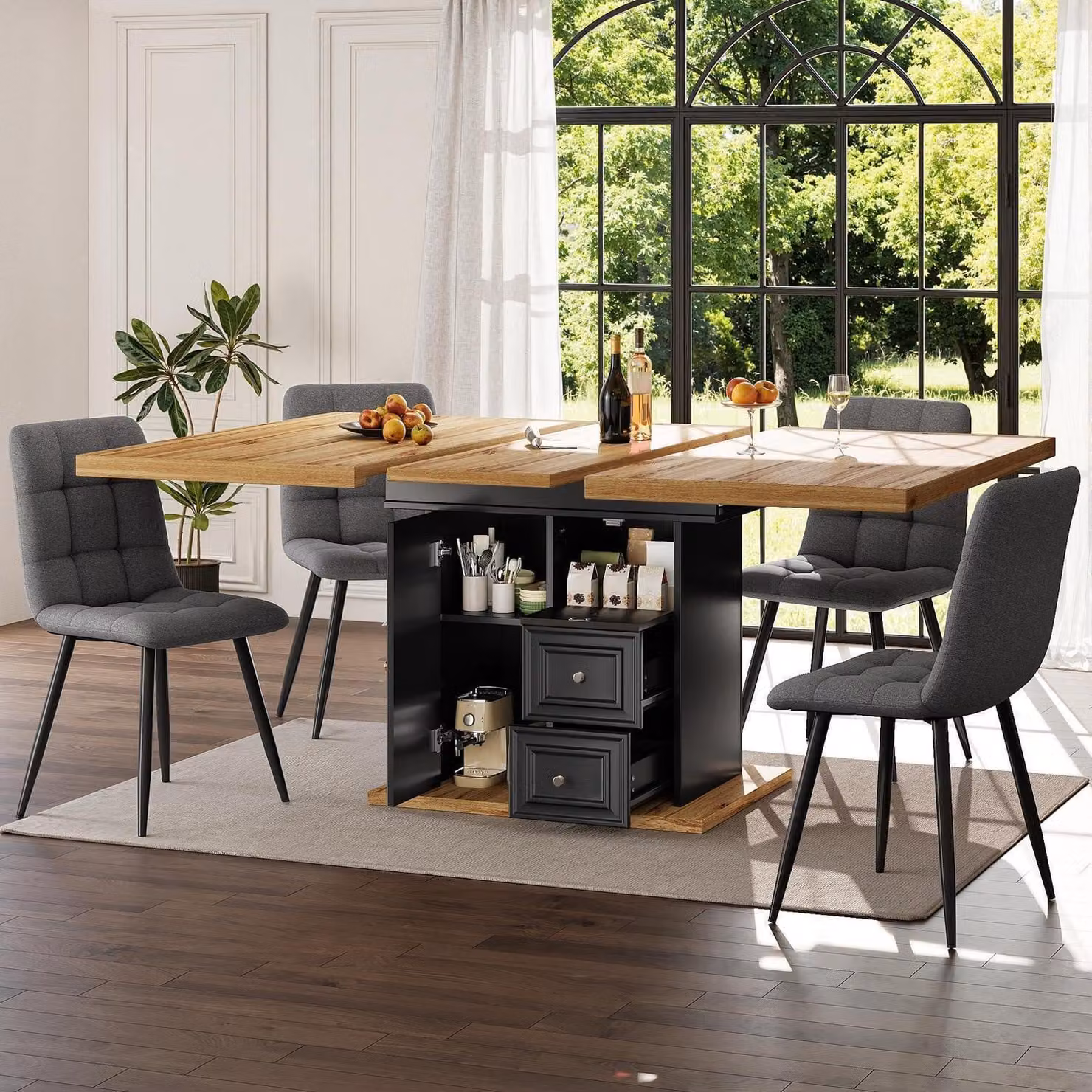 Tavolo da pranzo allungabile con spazio contenitivo, dimensioni 110-140x80x75 cm, finitura legno e nero