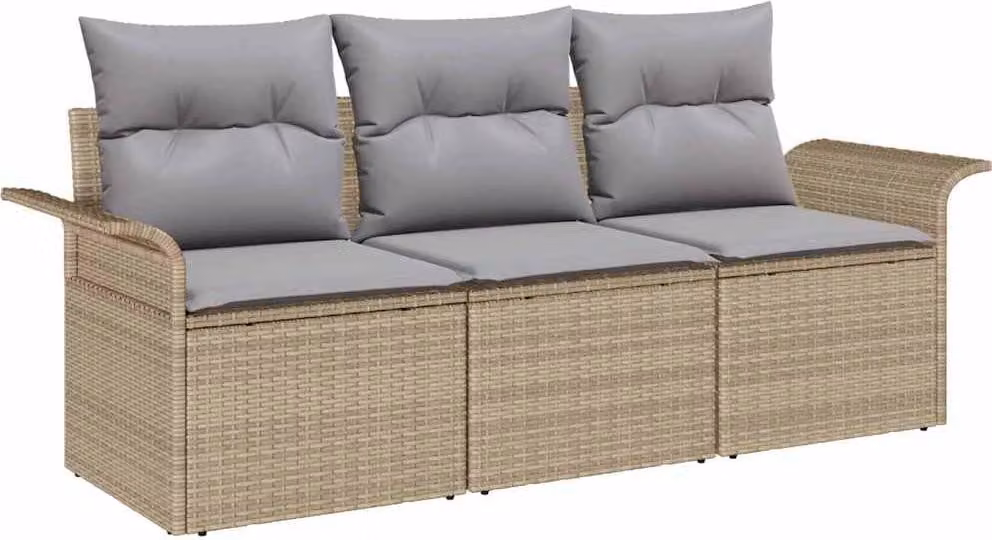 Set Divano da Giardino con cuscino 3 pcs Beige Poly Rattan