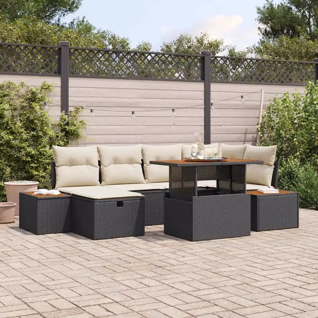 Set Divano da Giardino Moderno vidaXL in Polyrattan Nero con Cuscini e Tavolino da Esterno 7 Pezzi – 1