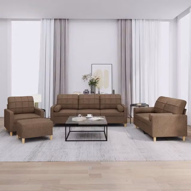 Set di divani moderno vidaXL composto da un divano a 3 posti, un divano a 2 posti, un pouf e cuscini, rivestito in tessuto marrone con struttura in legno e metallo – 1