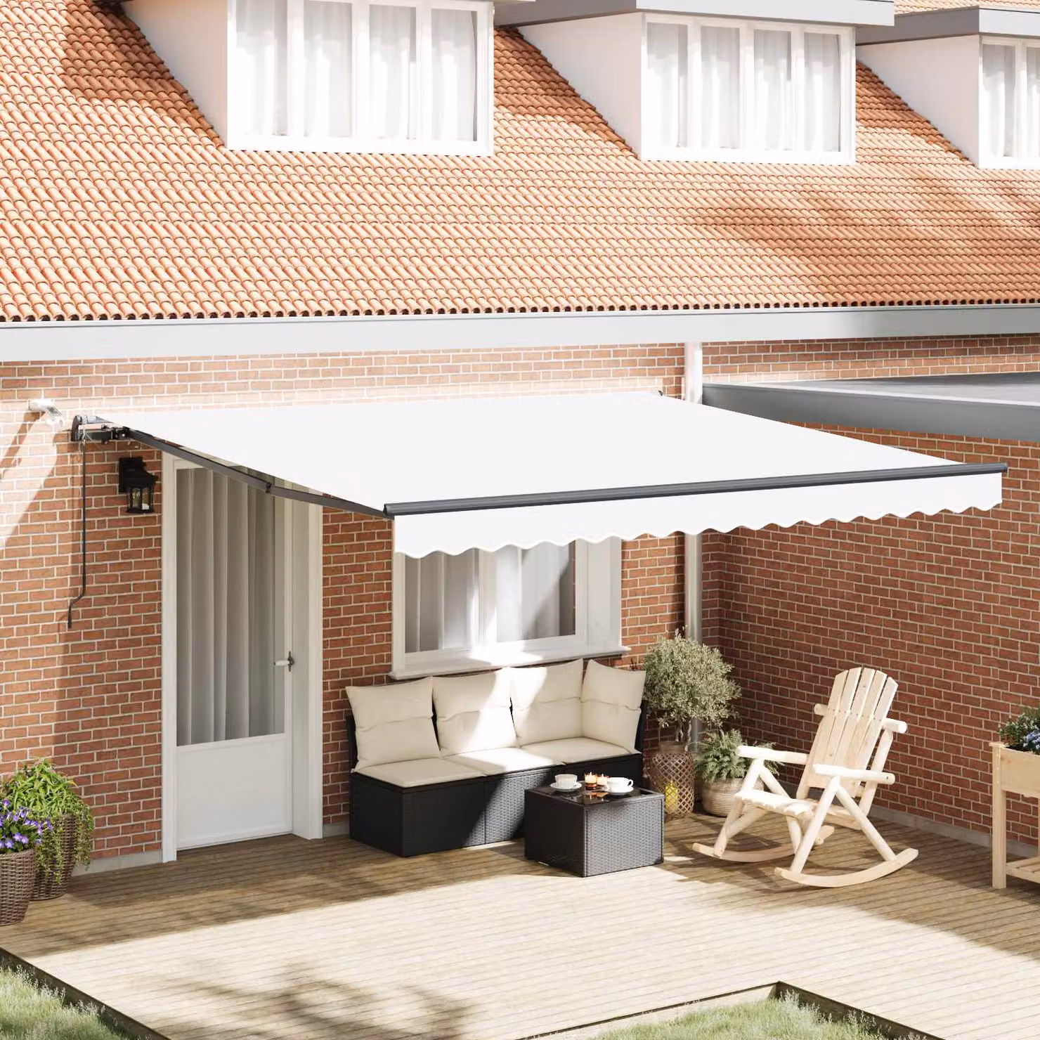 Tenda retrattile vidaXL in poliestere bianco con bracci pieghevoli e telecomando, L: 400 cm, P: 350 cm