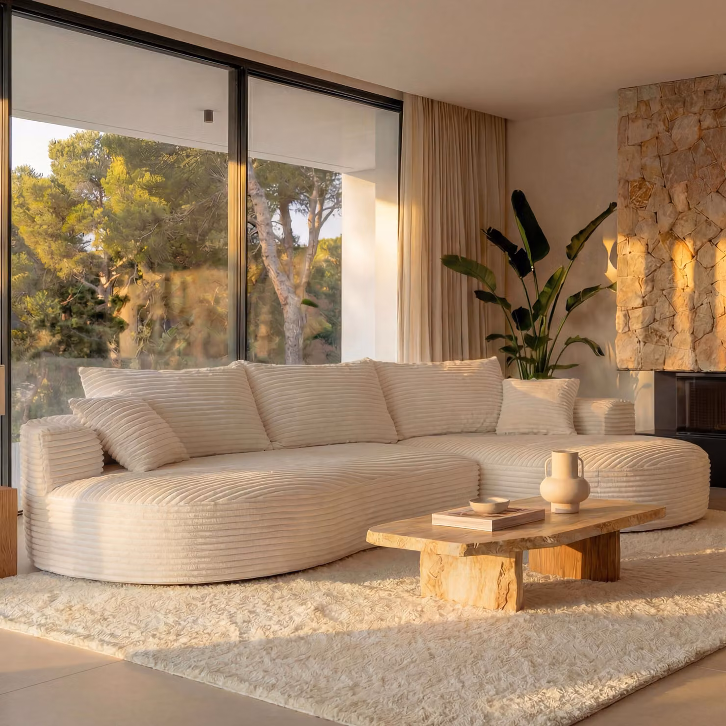 Set di divani HWC-P19, divano lounge a 3 posti, tessuto/corda tessile (370 g/m²) superficie reclinabile destra ~ bianco