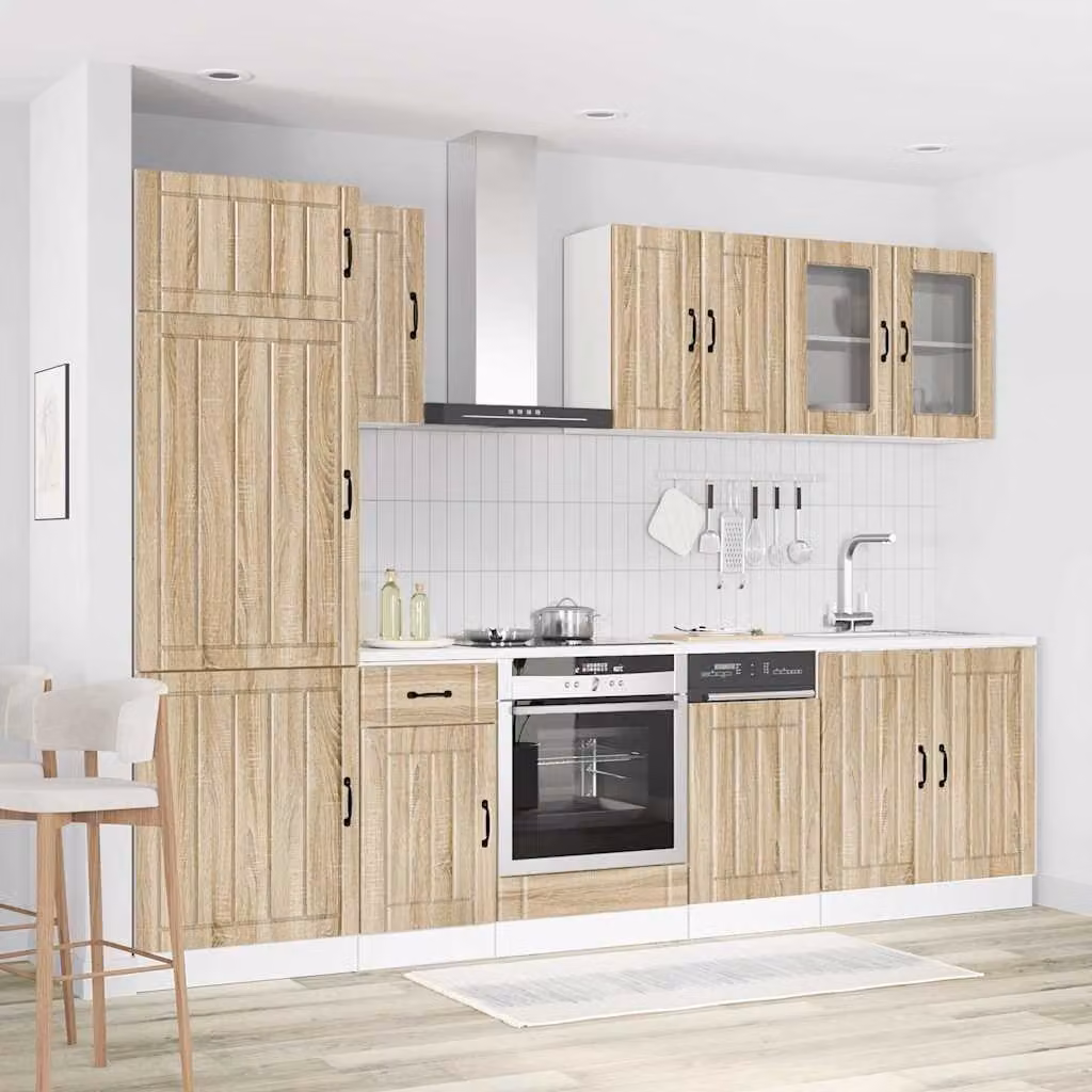 Set di mobili da cucina moderno vidaXL Lucca composto da 8 pezzi in legno e vetro, colore marrone e beige, H 207 x L 60 x P 57 cm