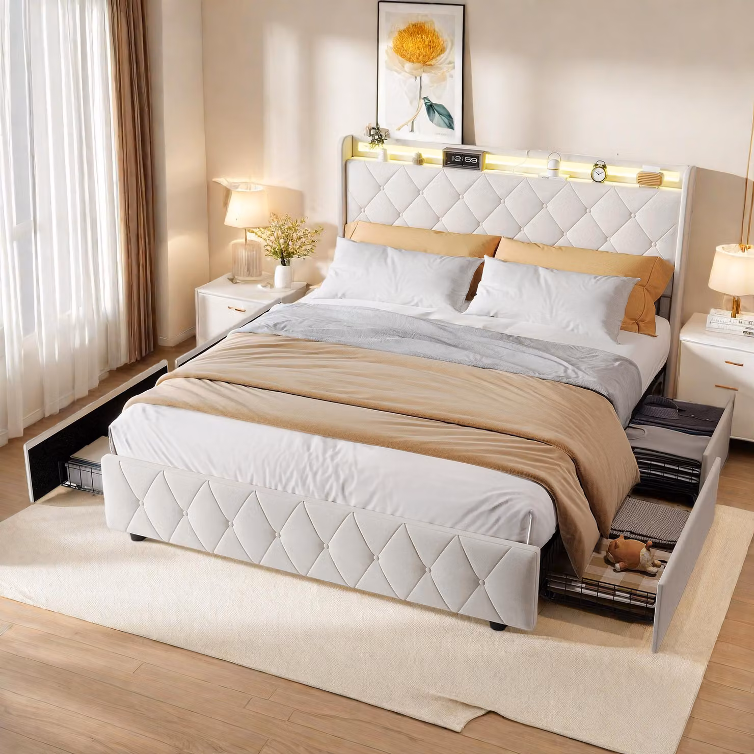 Letto imbottito ProximaX 140x200 cm con 4 cassetti, illuminazione LED RGB, stazione di ricarica USB/Type-C, testiera con vano portaoggetti, letto matrimoniale, velluto, beige