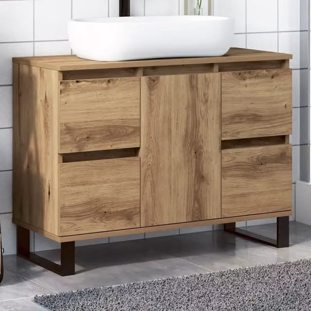Mobiletto da bagno sospeso vidaXL in stile industrial marrone con ante a cerniera e cassetti L 80 x P 33 x H 60 cm