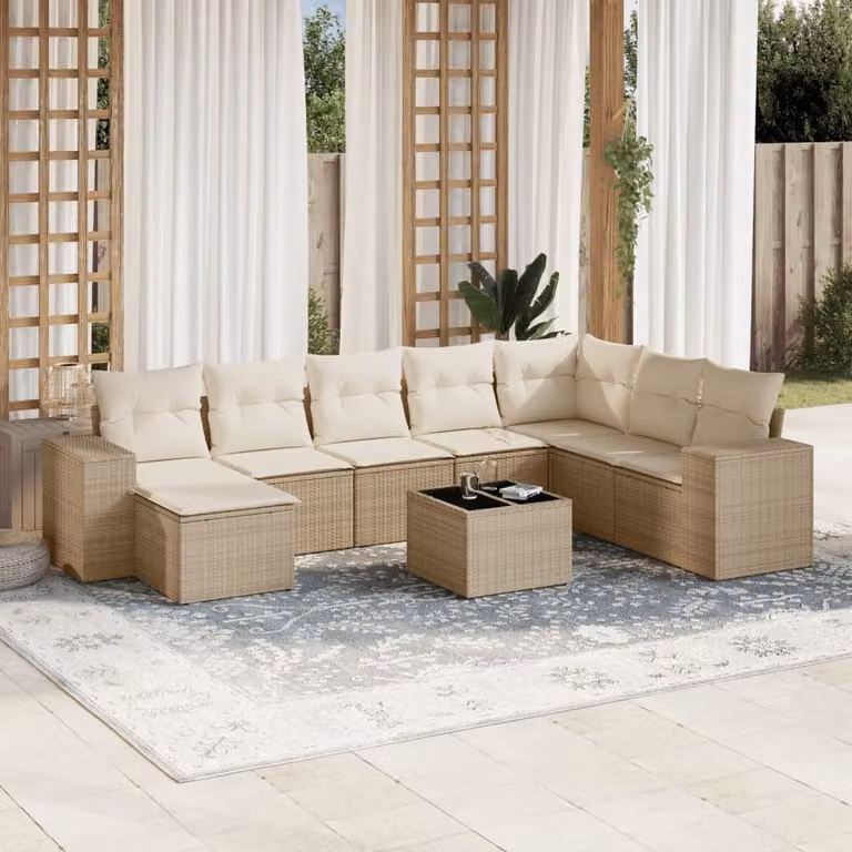 vidaXL Set Divano da Giardino a L 9 pz in Polyrattan con Cuscini Beige e Tavolino da Caffè