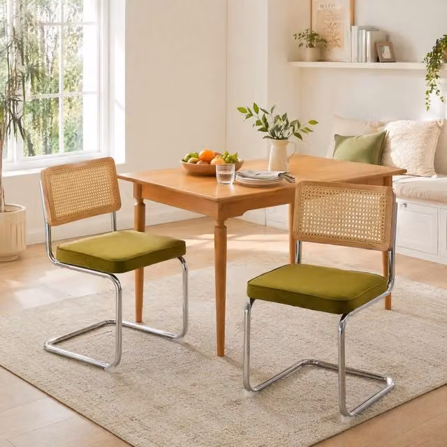 Sedia da pranzo a sbalzo OKWISH con schienale in rattan e seduta in velluto verde oliva e struttura in metallo