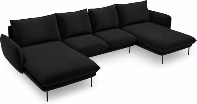 Divano panoramico Vienna a 6 posti Cosmopolitan Design in velluto nero con struttura in metallo L/P/H: 350 x 170 x 95 cm