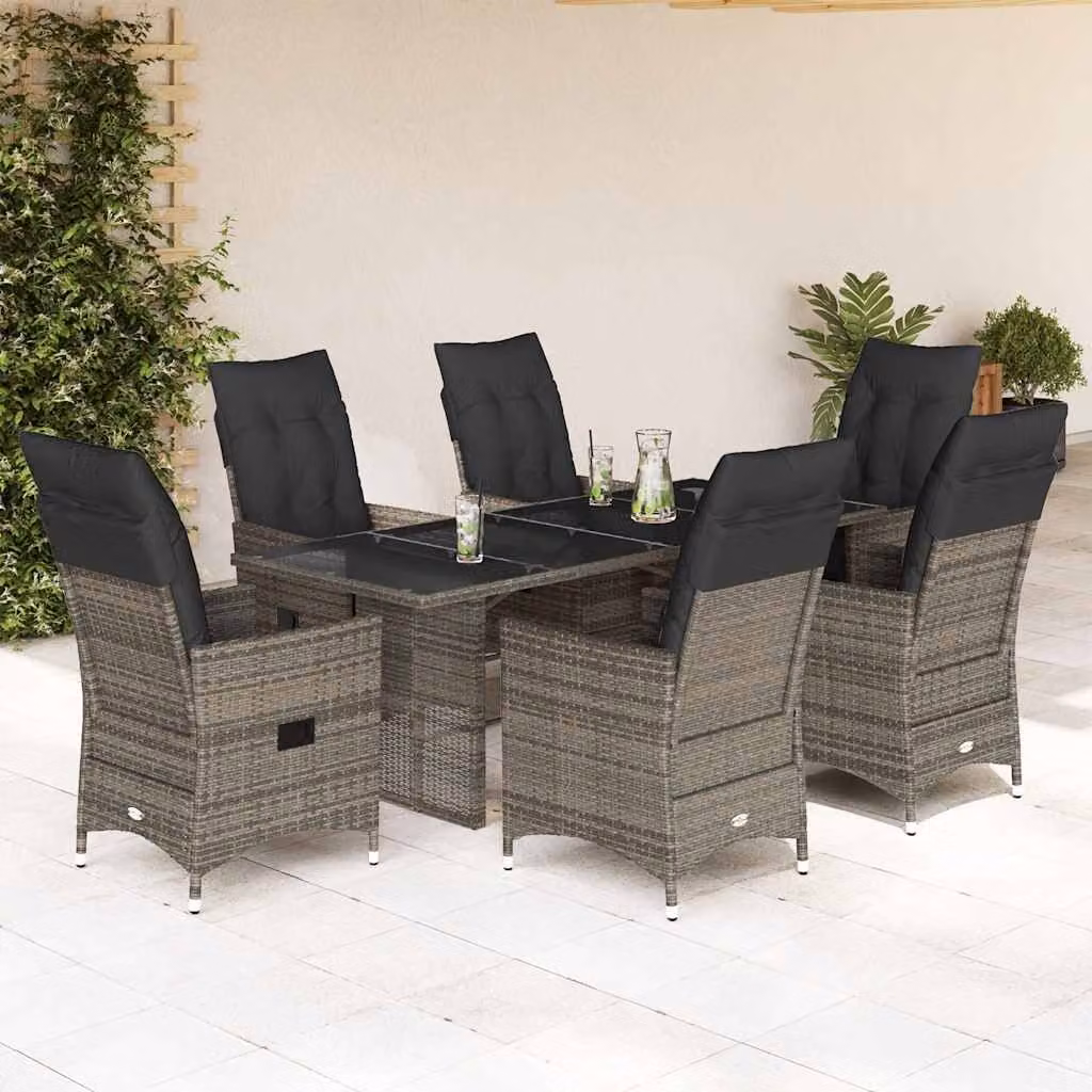 vidaXL Set da Pranzo da Giardino 7 pz in Polyrattan con Cuscini e Tavolo in Vetro Grigio e Marrone – 1