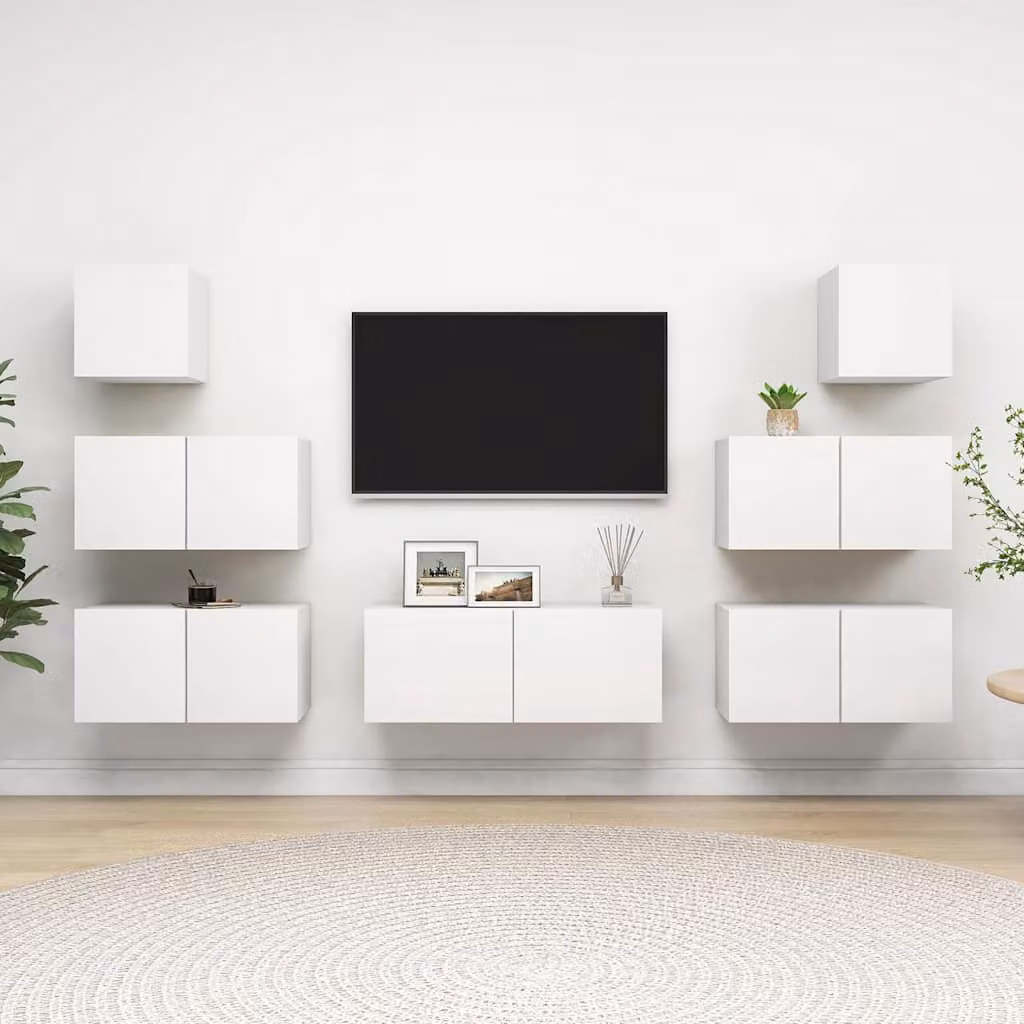 Set di mobili porta TV moderno vidaXL composto da 7 pezzi in legno e MDF, colore bianco opaco