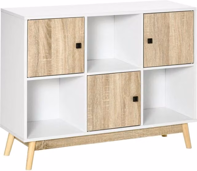 Credenza Xylo con 9 scomparti e 3 ante in legno di pino bianco naturale, L 96 cm x P 30 cm x H 75 cm