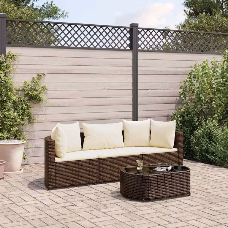 Set Divano da Giardino vidaXL a Forma di L con Tavolino e Cuscini, Polyrattan e Metallo, Marrone