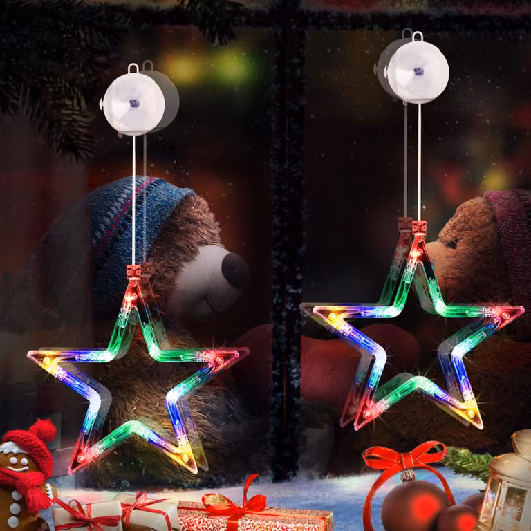 Catena luminosa a forma di stella a LED, confezione da 2, con 10 LED, multicolore, alimentata a batteria, con timer