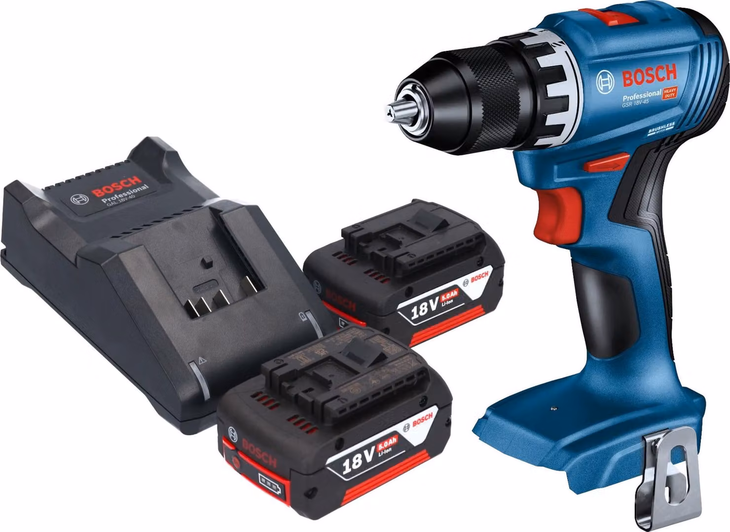 Trapano avvitatore a batteria Bosch GSR 18V-45 Professional 18 V 45 Nm Brushless + 2 batterie da 5,0 Ah + caricabatterie