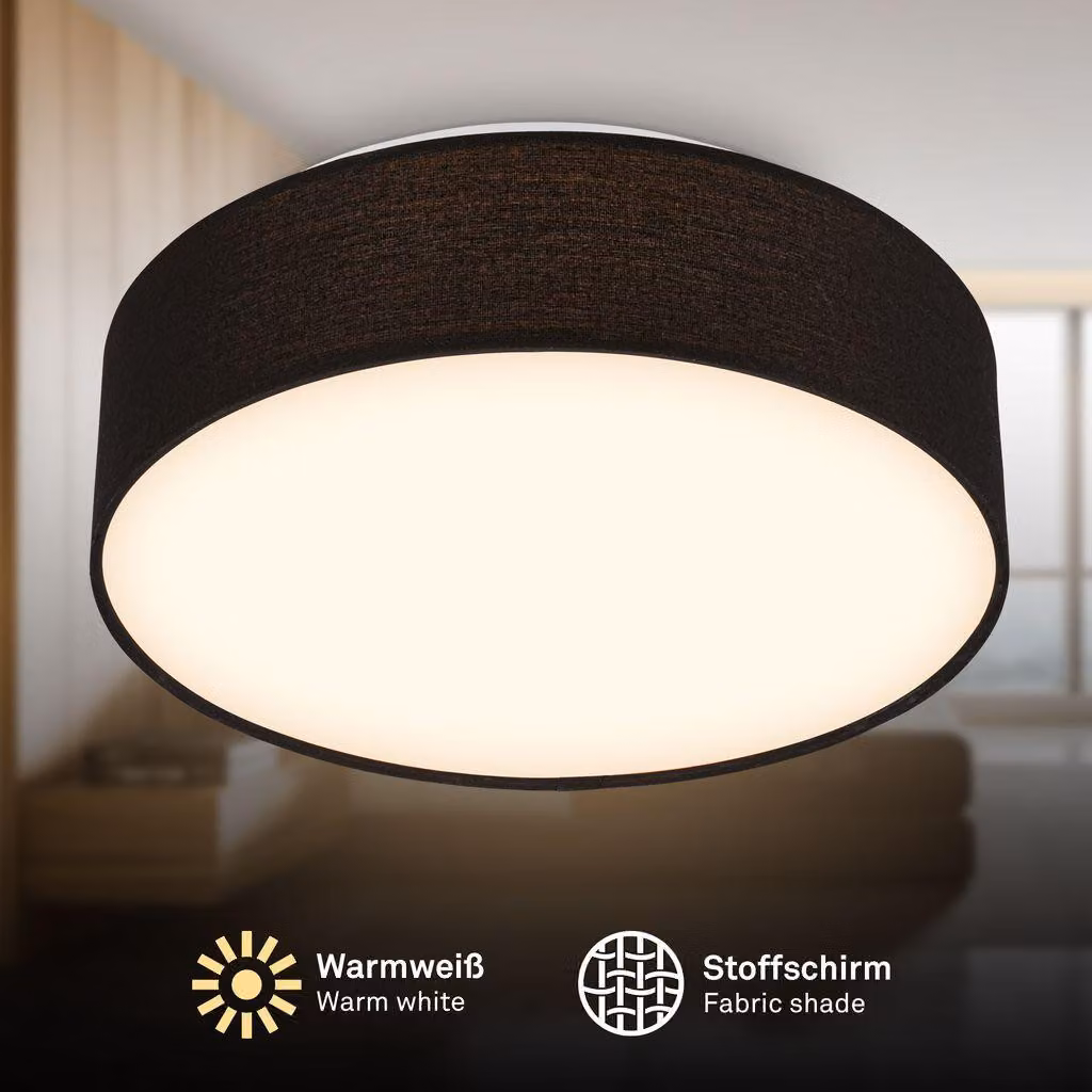 Briloner Plafoniera LED con paralume in tessuto Ø30x10,5 cm rotonda 16W 1800lm 3000K bianco caldo nero - Lampada da soffitto soggiorno camera da letto cucina corridoio