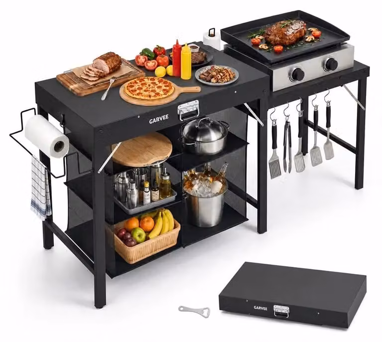 Tavolo da barbecue - Postazione di lavoro portatile per esterni - Pieghevole - Struttura in metallo - Rettangolare - Ripiani laterali estensibili - Spazio di stoccaggio sottostante - Altezza 77 cm