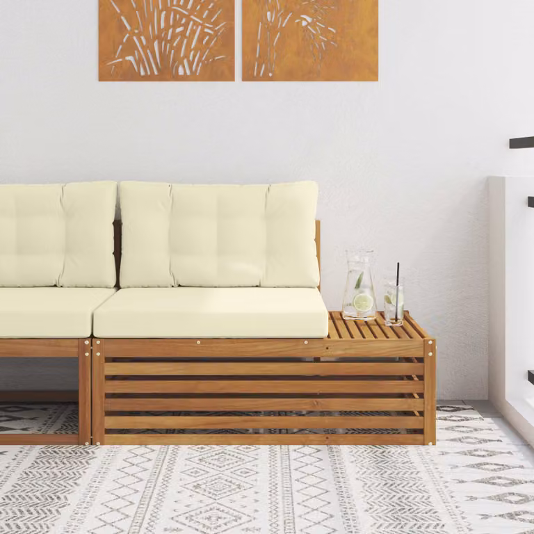Divano da esterno moderno vidaXL in legno di acacia color marrone con cuscini beige L 115 x P 83 x H 73 cm