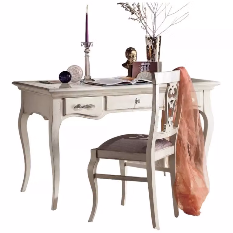 Scrivania classica in legno di faggio bianco lacca con 3 cassetti Mobili 2G L: 130 cm, P: 70 cm, H: 78 cm