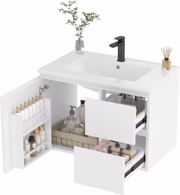 Mobile bagno sospeso 76 cm bianco laccato con luce led e sensore