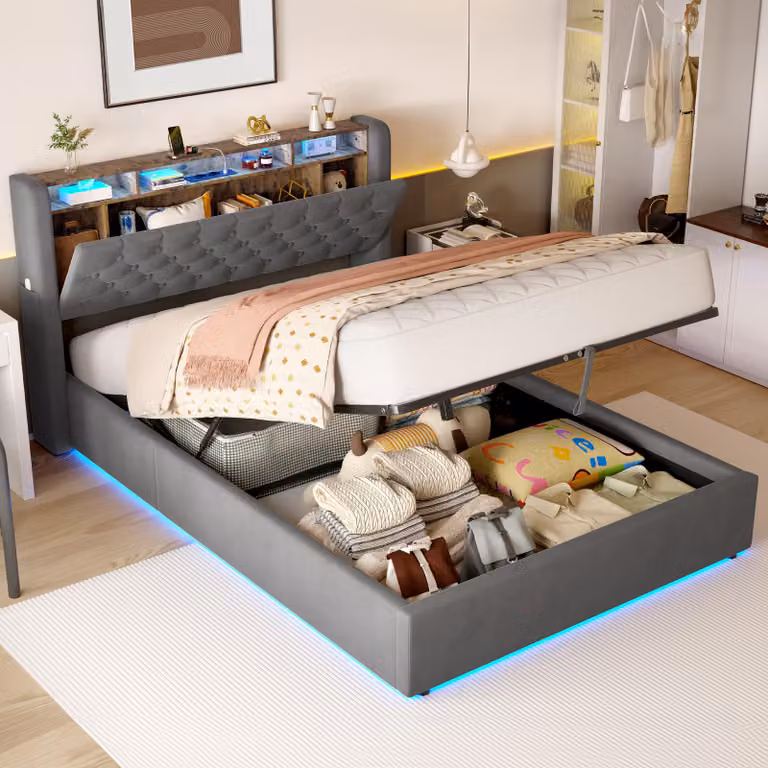 okwish Letto imbottito 140×190 cm con cassetto e illuminazione a LED, letto matrimoniale con testiera contenitiva, letto per ragazzi in grigio scuro, materasso escluso