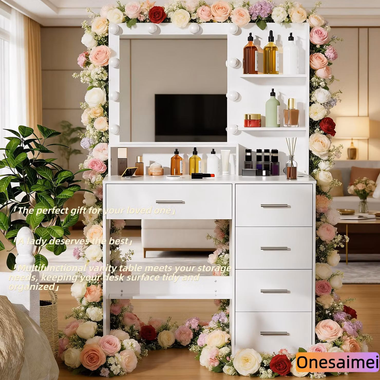 Comò con specchio a LED - Bianco - Legno - Design moderno e minimalista