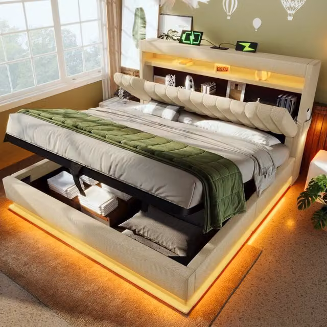 Letto contenitore matrimoniale OKWISH in lino beige con sistema idraulico, porte USB, Type-C e illuminazione LED, L/P: 140 x 200 cm