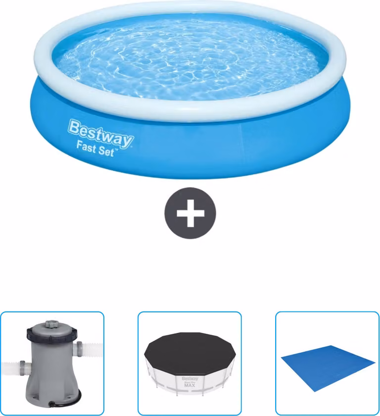 Bestway piscina gonfiabile rotonda fast set - 366 x 76 cm - blu - include pompa - copertura - telo di protezione