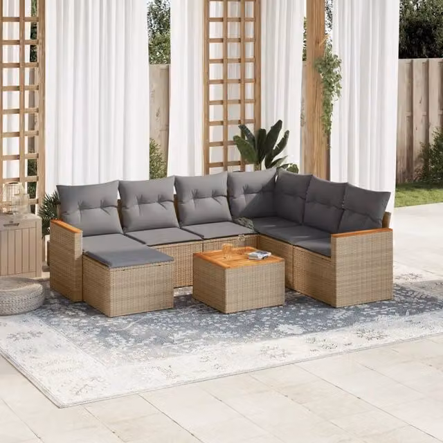 vidaXL Set Divano da Giardino a L 8 pz in Polyrattan con Cuscini Beige e Tavolino da Esterno – 1