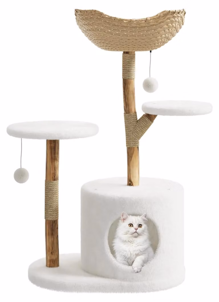 Albero per gatti - 104 cm - Legno e rattan - 4 livelli con aree relax - Design moderno per interni - Bianco