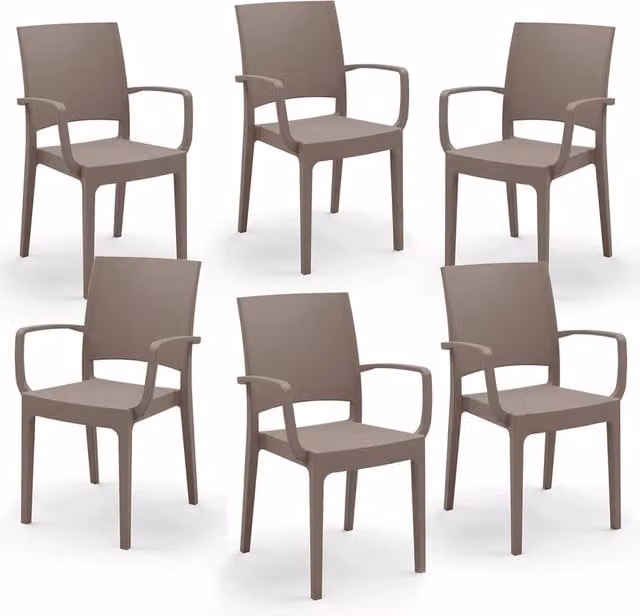 Set 6 sedie con braccioli in polipropilene FLORA, MADE IN ITALY, impilabile, resistente ai raggi UV, design moderno, ideale per interno ed esterno, colore Tortora