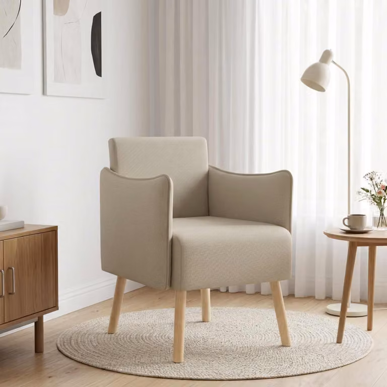 Sedia d'accento moderna vidaXL in velluto color sabbia con braccioli e struttura in legno