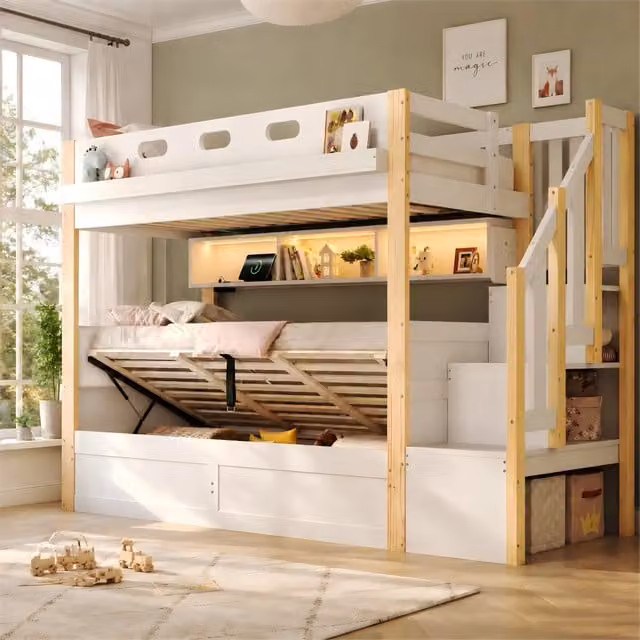 Letto a castello 90×200 cm e 90×200 cm con vano idraulico, scala contenitore, LED e USB, senza materasso, bianco