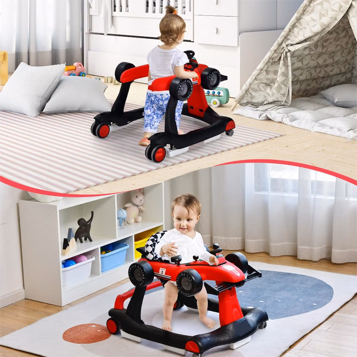 Costway Primi passi 4 in 1 per bambini con altezza e velocità regolabili, deambulatore a spinta con carillon e luci, Rosso